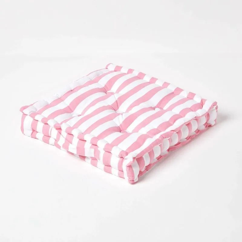 Homescapes Cotton Pink Thick Stripe Floor Cushion, 50 x 50 cm