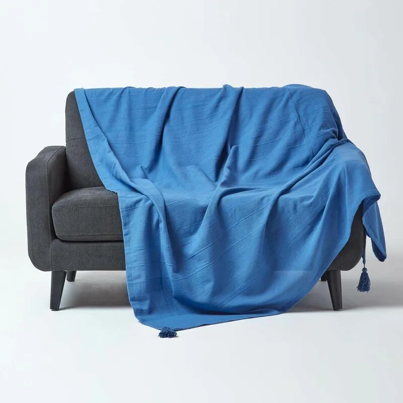 Homescapes - Cotton Rajput Ribbed Blue Throw, 225 x 255 cm