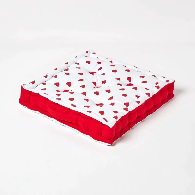 Homescapes - Cotton Red Hearts Floor Cushion, 50 x 50 cm