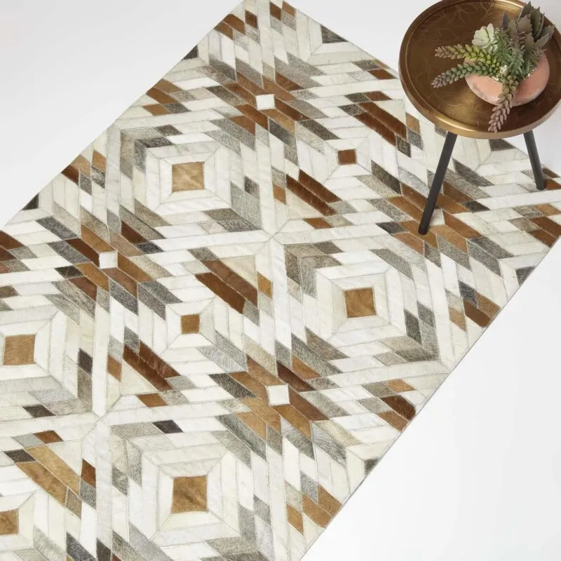 Homescapes - Cream & Brown Geometric Leather Rug, 90 x 150 cm