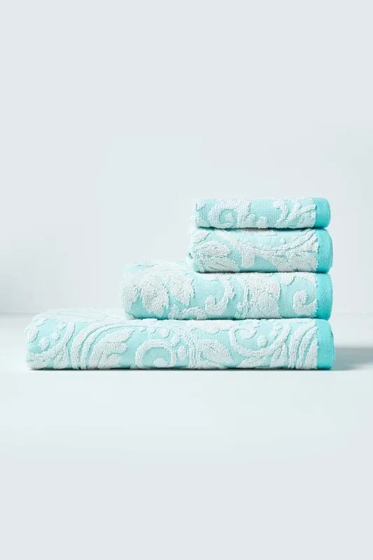 Homescapes Damask 100% Turkish Cotton 600 Gsm Towel in Aqua Size: Hand Towel - Aqua - Size: Hand Towel
