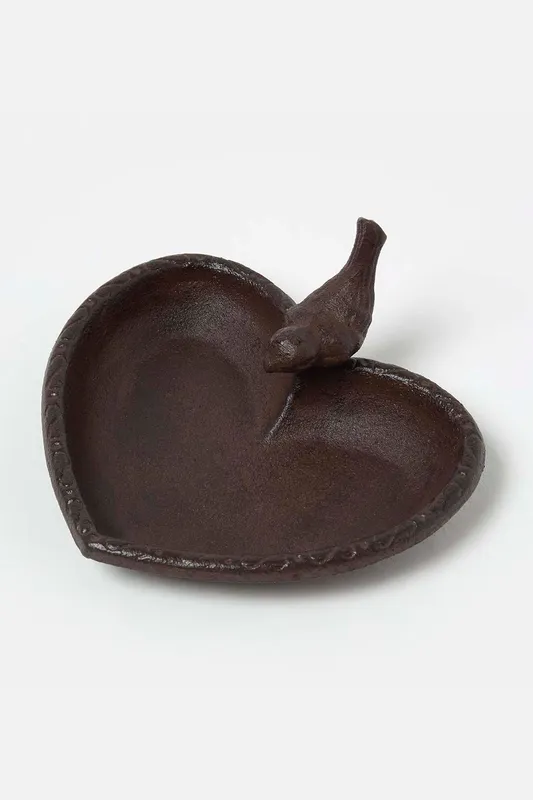 Homescapes Decorative Bird Rustic Heart Bird Bath Cast Iron in Brown Brown