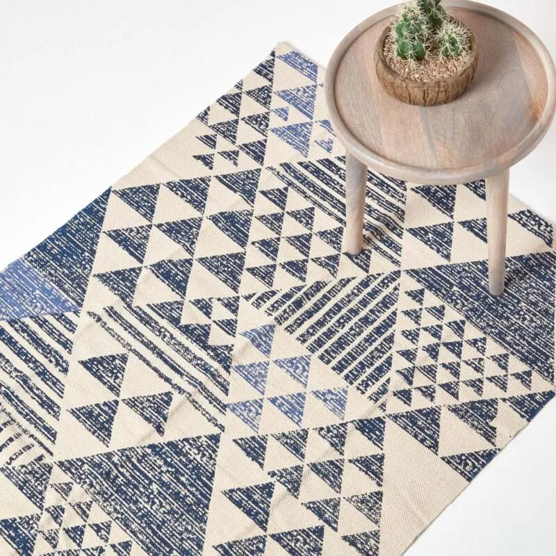 Homescapes - Delphi Blue and White Geometric Style 100% Cotton Printed Rug, 120 x 170 cm