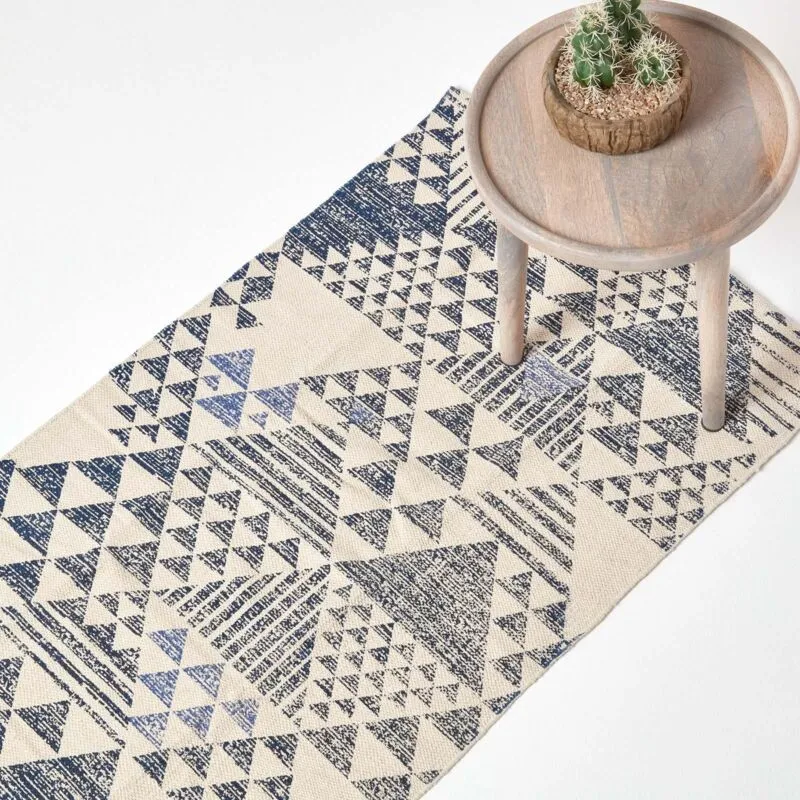 Homescapes - Delphi Blue and White Geometric Style 100% Cotton Printed Rug, 66 x 200 cm