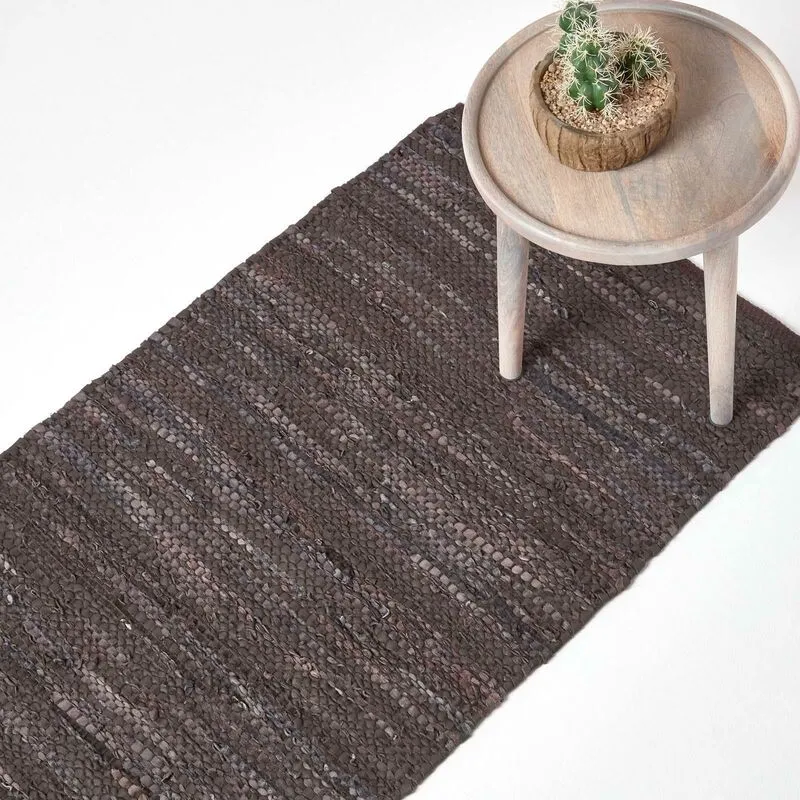 Homescapes - Denver Leather Woven Rug Brown, 66 x 200 cm