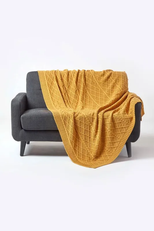 Homescapes Diamond Cable Knit Cotton Throw in Mustard Size: 150 cm x 200 cm Mustard 150 cm x 200 cm