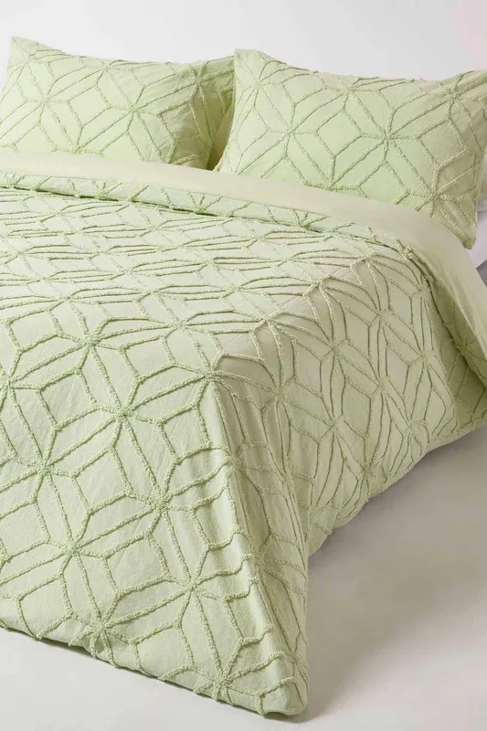 Homescapes - Sage Green Diamond Cotton Tufted Duvet Cover Set, Super King