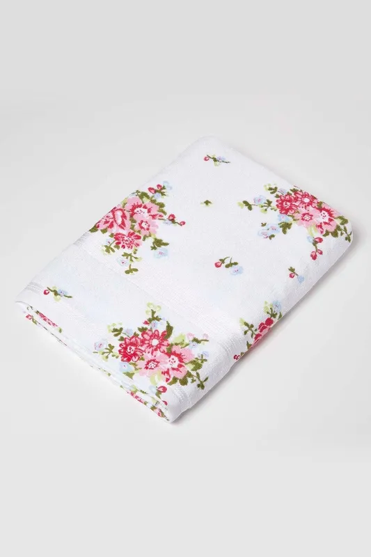 Homescapes Floral Printed Cotton Towel in White Size: Bath Towel - White