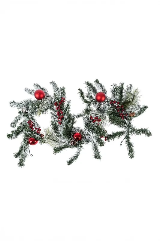 Homescapes Frosted Artificial Christmas Garland with Red Baubles - Red