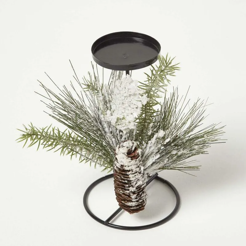 Homescapes Frosted Artificial Pine Branch Christmas Candle Holder in Green - Green