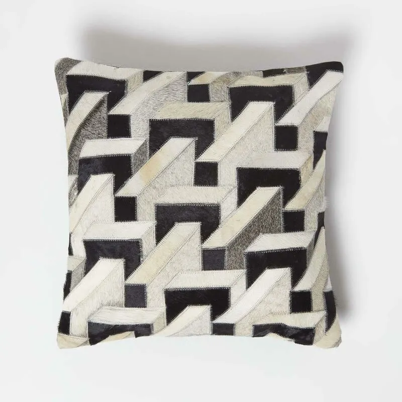 Homescapes - Geometric Block Brown & Cream Leather Cushion 45 x 45 cm