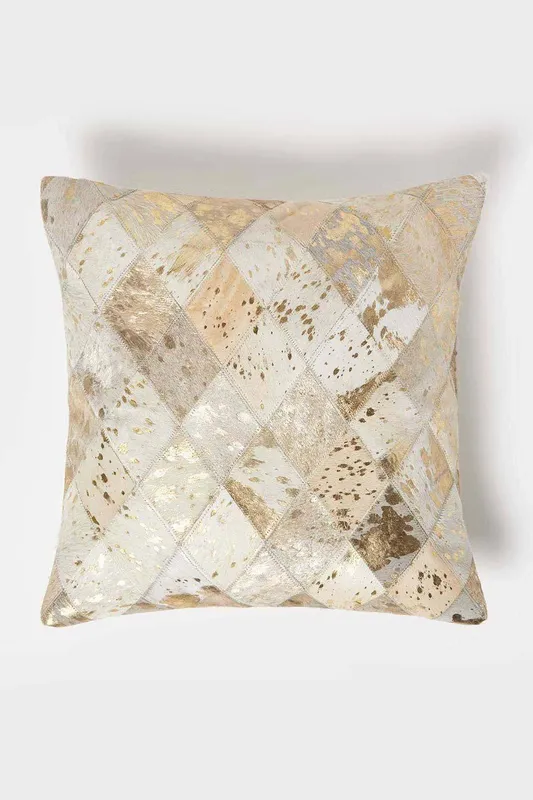 Homescapes - Geometric Diamond Gold & Grey Leather Cushion 45 x 45 cm