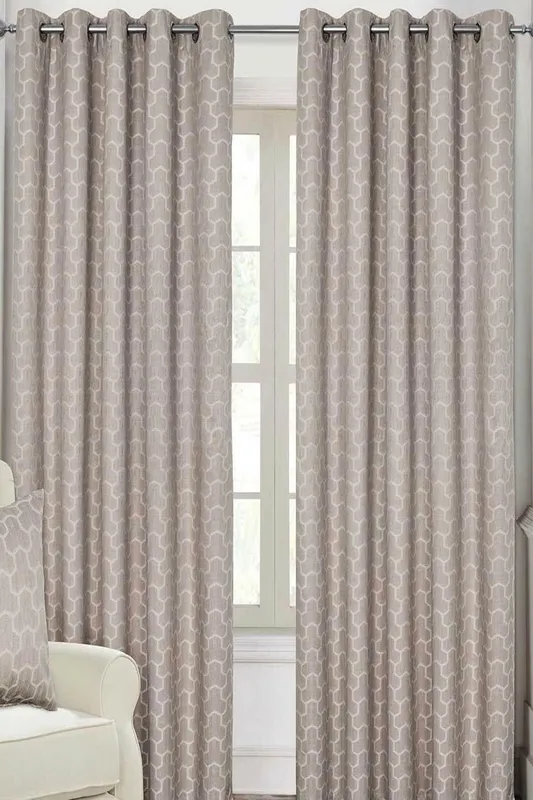 Homescapes - homecapes Natural Geometric Jacquard Blackout Eyelet Curtain Pair, 90 x 72'