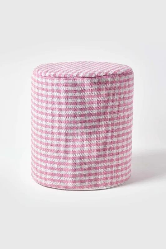Homescapes Gingham Check Round Pouffe Cotton in Pink Pink