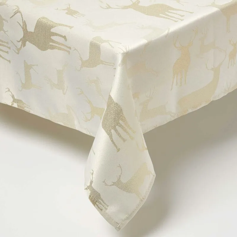 Homescapes - Gold Stag Christmas Table Cloth, 132 x 228 cm