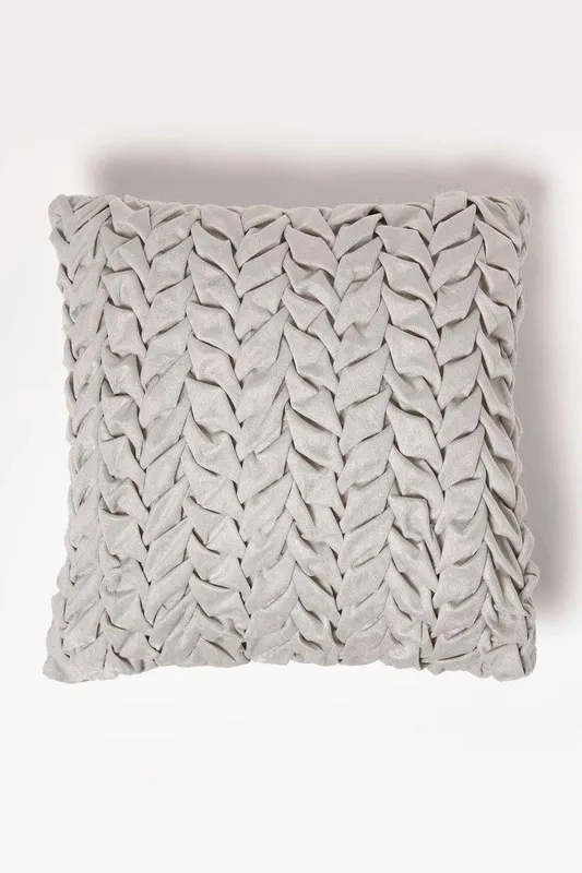 Homescapes Grace Pleated Velvet Cushion in Grey Size: 45cm x 45cm - Grey - Size: 45cm x 45cm