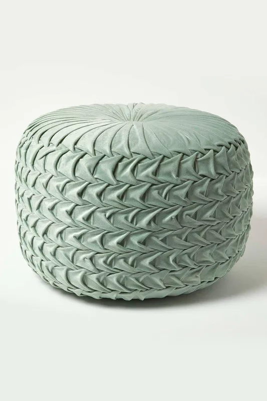 Homescapes Unisex Grace Pleated Velvet Pouffe in Green Green female