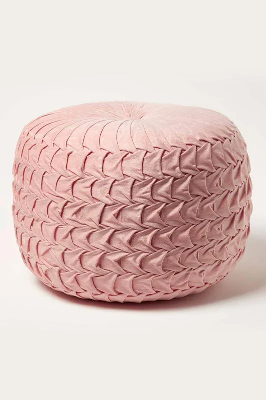 Homescapes Grace Pleated Velvet Pouffe in Pink Pink