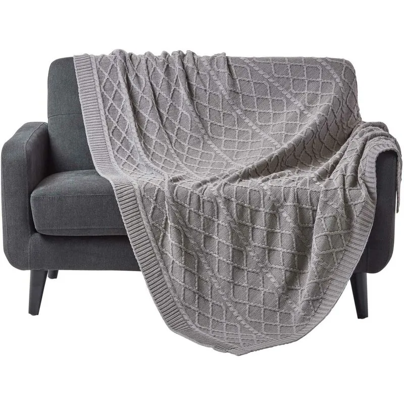 Homescapes Diamond Cable Knit Cotton Throw in Grey Size: 130cm x 170cm - Grey