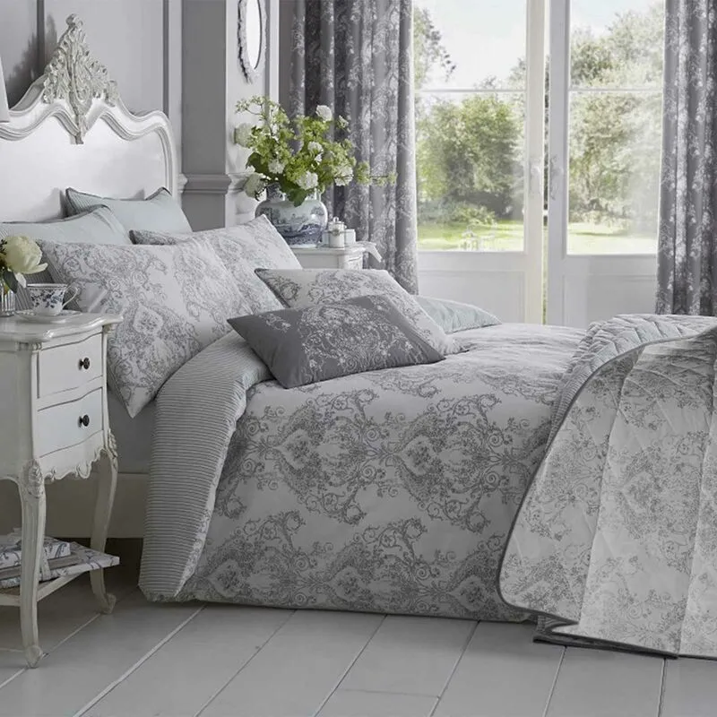 Homescapes French Toile Patterned Duvet Cover Set in Grey Size: Double - Grey - Size: Double
