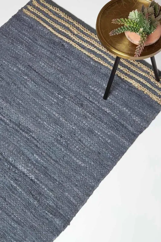 Homescapes Grey Leather Handwoven Stripe Rug Size: 120 cm x 170 cm Grey 120 cm x 170 cm
