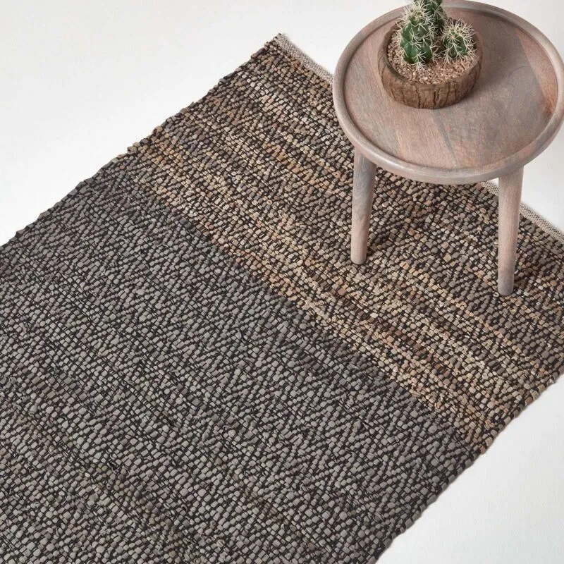 Homescapes - Grey Recycled Leather Handwoven Herringbone Rug, 120 x 180 cm