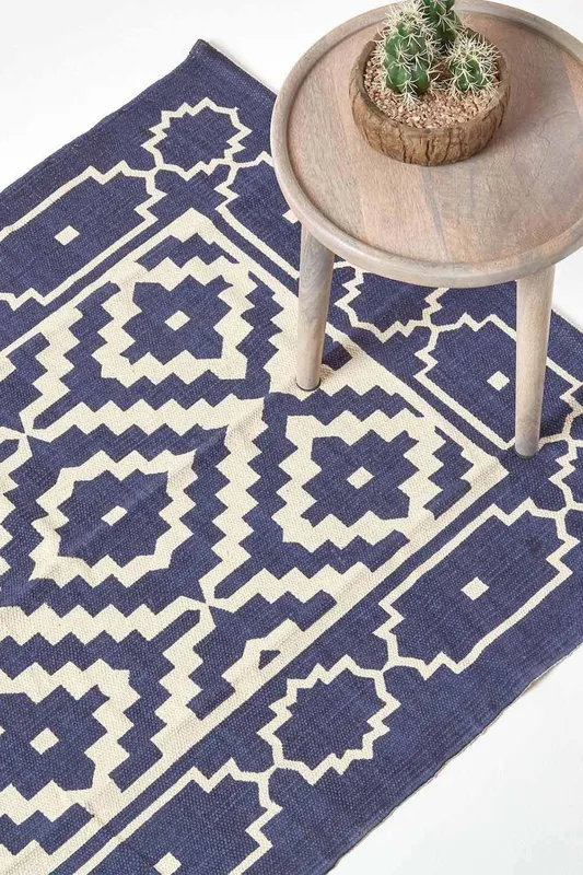 Homescapes Halmstad Scandi Style 100% Cotton Printed Rug in Blue Size: 160cm x 230cm - Blue