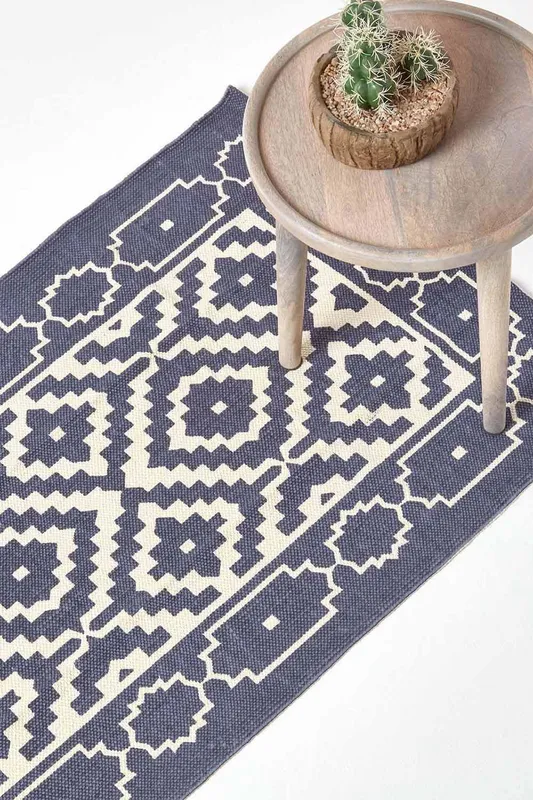 Homescapes Halmstad Scandi Style Cotton Printed Rug, 66 x 200 cm in Blue Size: 66 cm x 200 cm Blue 66 cm x 200 cm