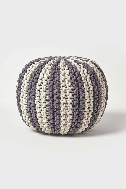 Homescapes Knitted Pouffe Striped Footstool 35 x 40 cm in Grey - Grey