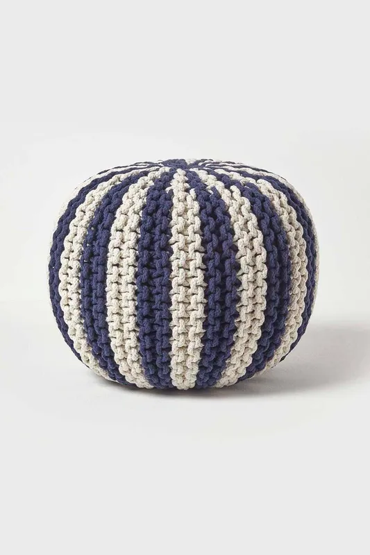 Homescapes Knitted Pouffe Striped Footstool 40 x 50 cm in Navy - Navy