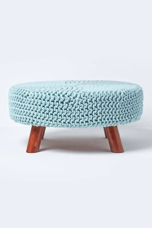 Homescapes Large Round Cotton Knitted Footstool on Legs in Bright Blue Bright Blue