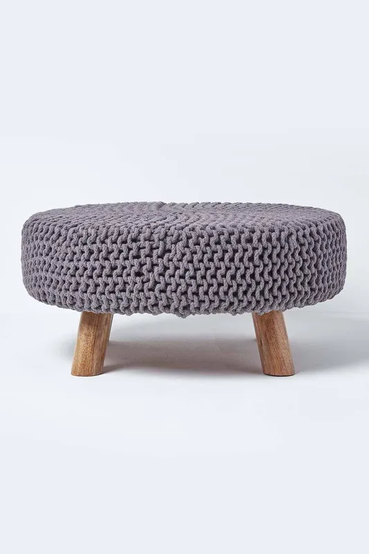 Homescapes Large Round Cotton Knitted Footstool on Legs in Grey - Grey