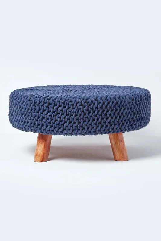 Homescapes Large Round Cotton Knitted Footstool on Legs in Navy Navy