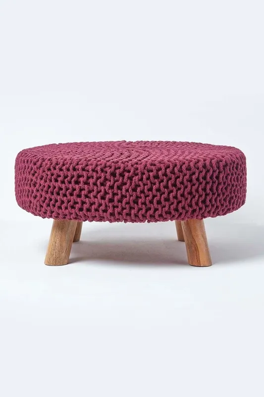 Homescapes Large Round Cotton Knitted Footstool on Legs in Plum Plum