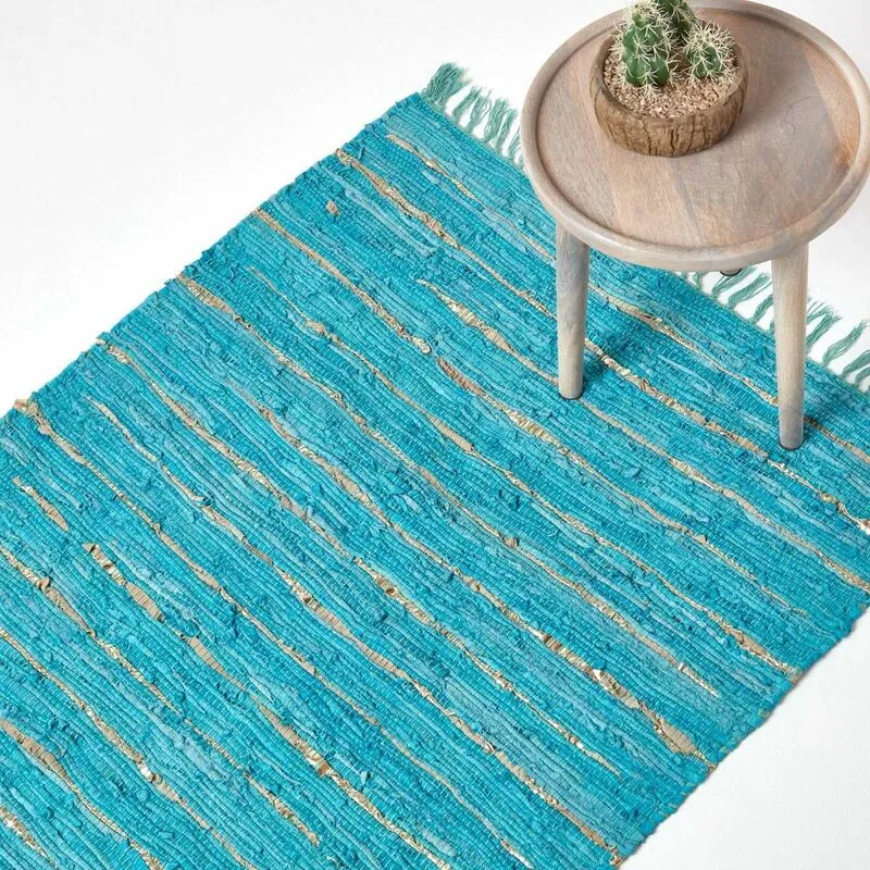 Homescapes Handcrafted Leather Glitter Rug Friendly & Stylish Design in Turquoise Size: 120cm x 180cm - Turquoise - Size: 120cm x 180cm