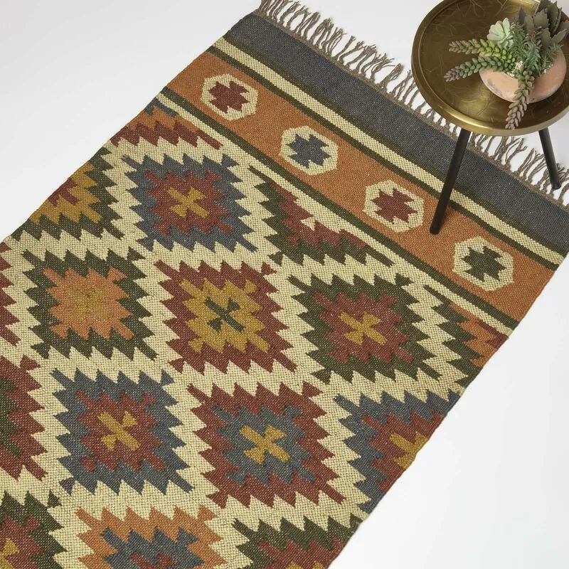 Homescapes Lucea Orange & Blue Kilim Wool Rug 90 x 150 cm