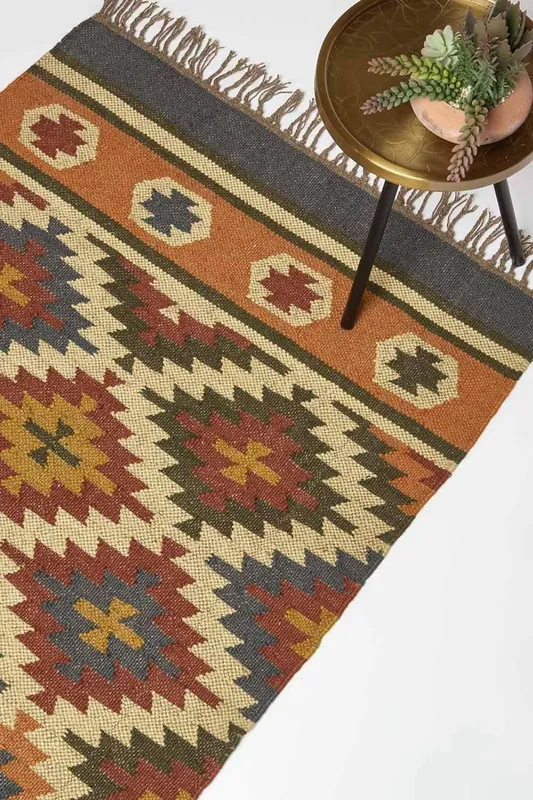 Homescapes Lucea Orange & Blue Kilim Wool Rug Size: 120 cm x 170 cm Orange 120 cm x 170 cm