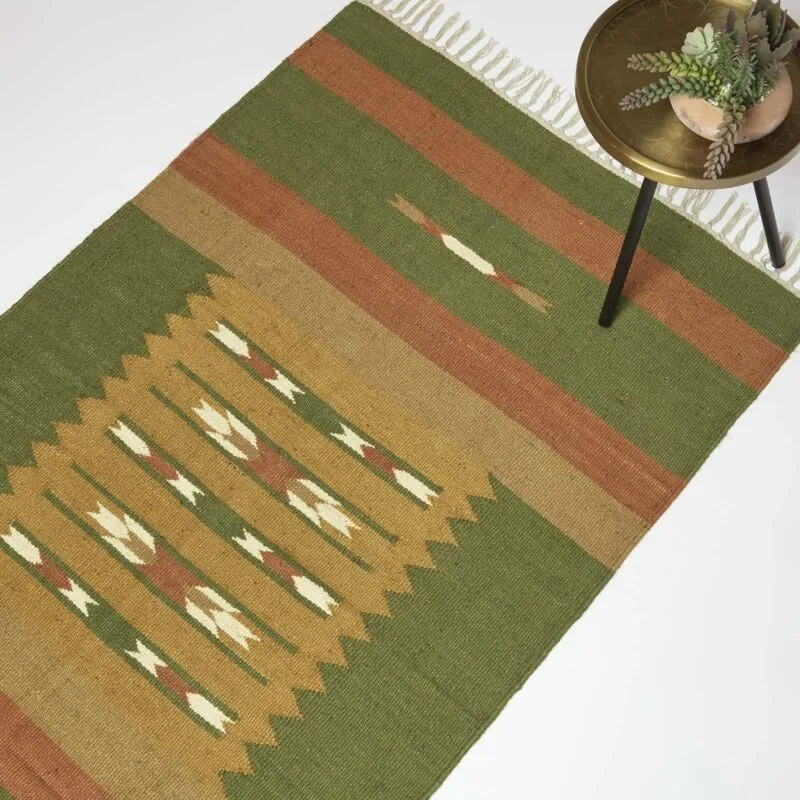Homescapes - Lundi Orange & Green Kilim Cotton & Jute Rug 120 x 170 cm