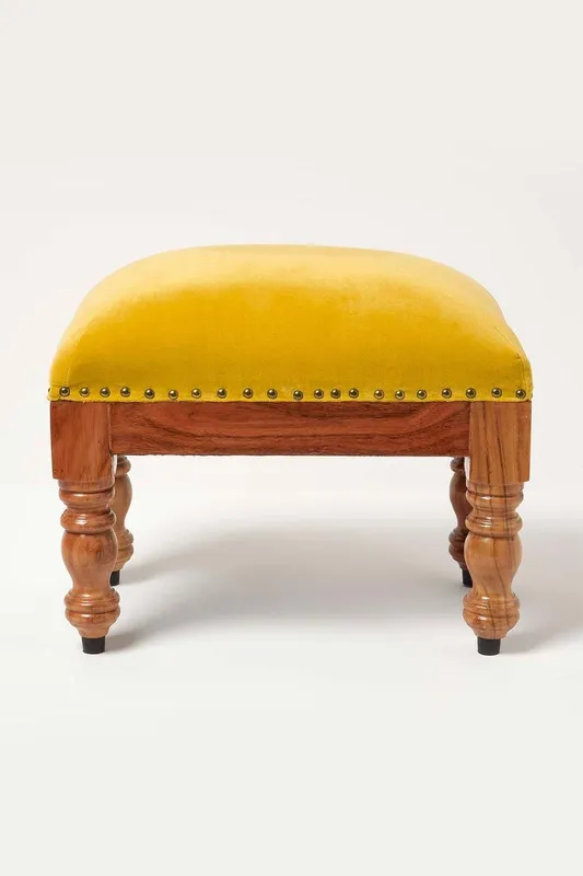 Homescapes Mable Velvet Rectangular Footstool in Mustard Mustard