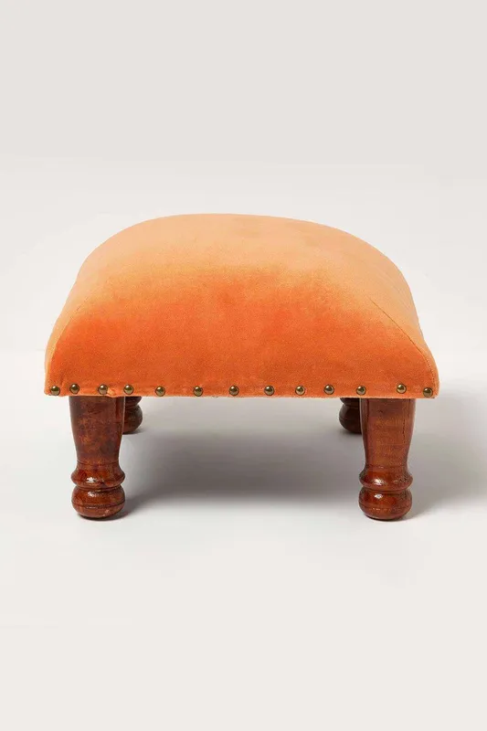Homescapes Mable Velvet Square Footstool in Orange - Orange