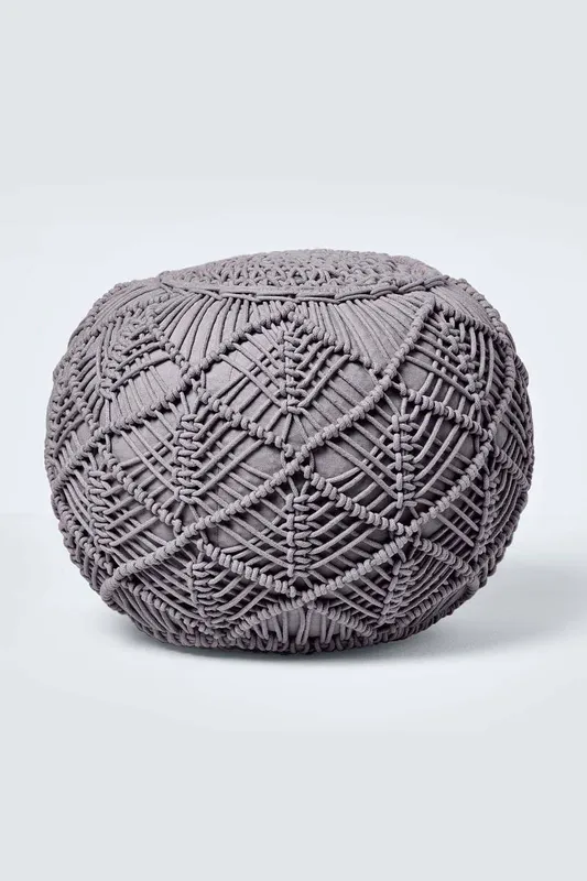 Homescapes Macrame Knitted Pouffe 35 x 40 cm in Grey - Grey