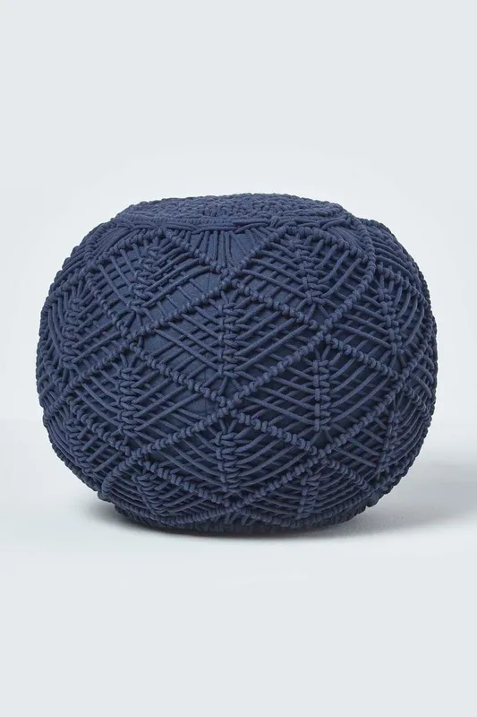 Navy Crochet Knitted Pouffe 35 x 40 cm - Homescapes