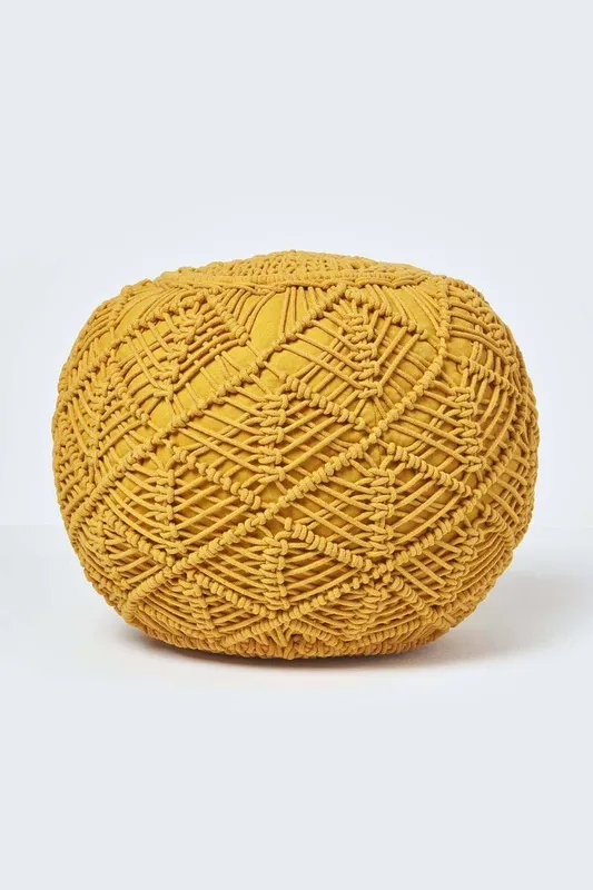 Homescapes Macrame Knitted Pouffe 40 x 50 cm in Mustard - Mustard - Size: One Size
