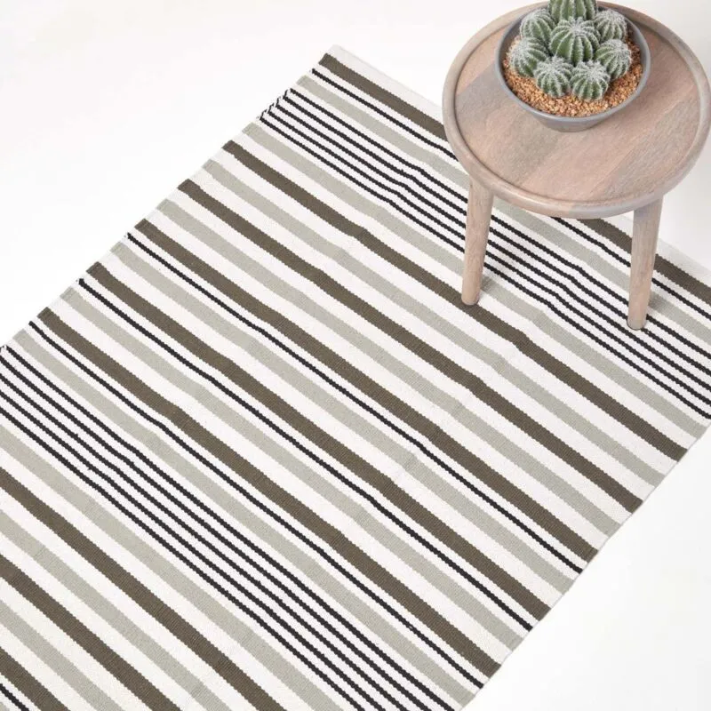 Homescapes - Modern Black Grey Scandinavian Style Striped Cotton Rug, 120 x 180 cm