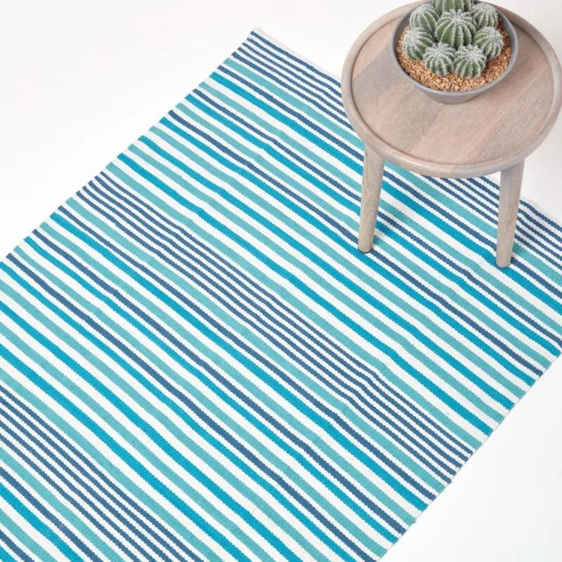 Homescapes - Modern Blue Scandinavian Style Striped Cotton Rug, 150 x 240 cm
