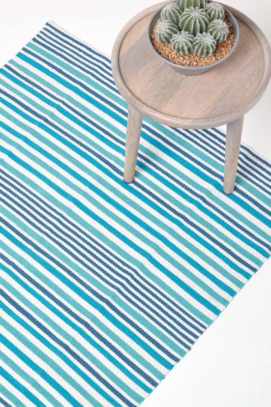 Homescapes Modern Scandinavian Style Striped Cotton Rug in Blue Size: 90 cm x 150 cm Blue 90 cm x 150 cm