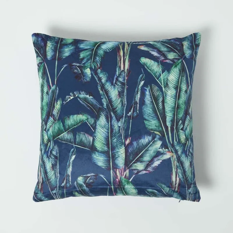 Homescapes Navy Tropical Banana Leaf Velvet Cushion 46 x 46 cm in Teal - Teal