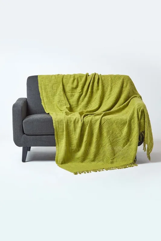 Homescapes Nirvana Slub Cotton Throw in Lime Size: 225 cm x 255 cm Lime 225 cm x 255 cm