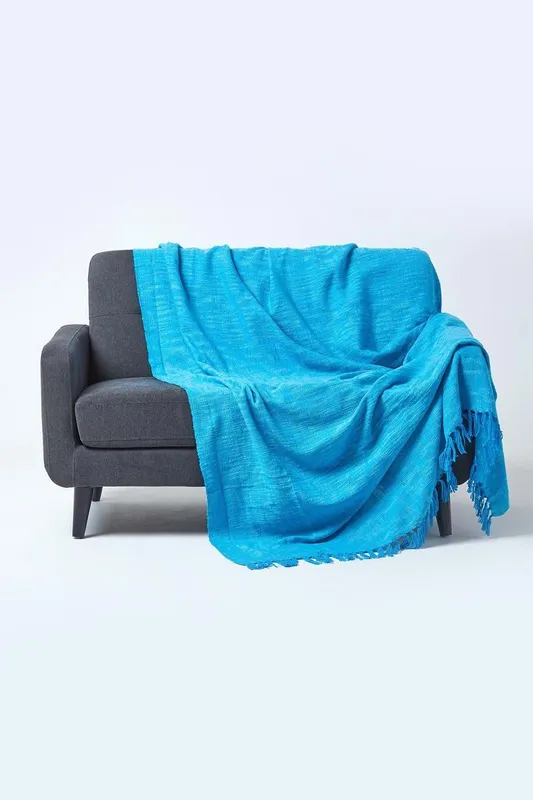 Homescapes Nirvana Slub Cotton Throw in Teal Size: 150cm x 200cm - Teal
