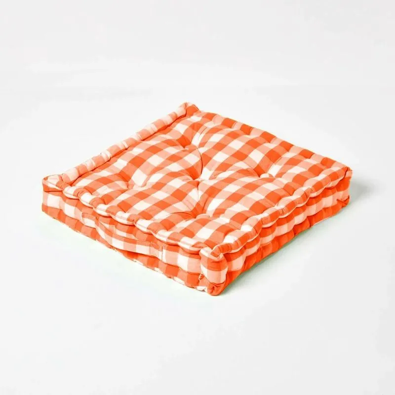Homescapes - Orange Block Check Cotton Gingham Floor Cushion, 50 x 50 cm
